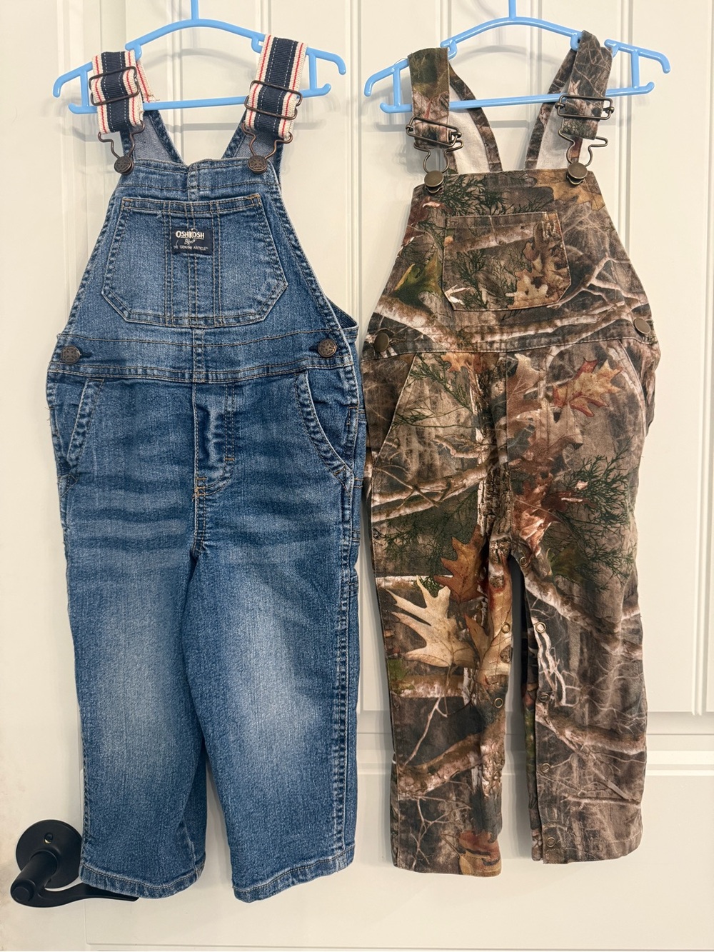 OshKosh B'gosh Kids Overalls Denim & Camo Bass Pro both size 2T.